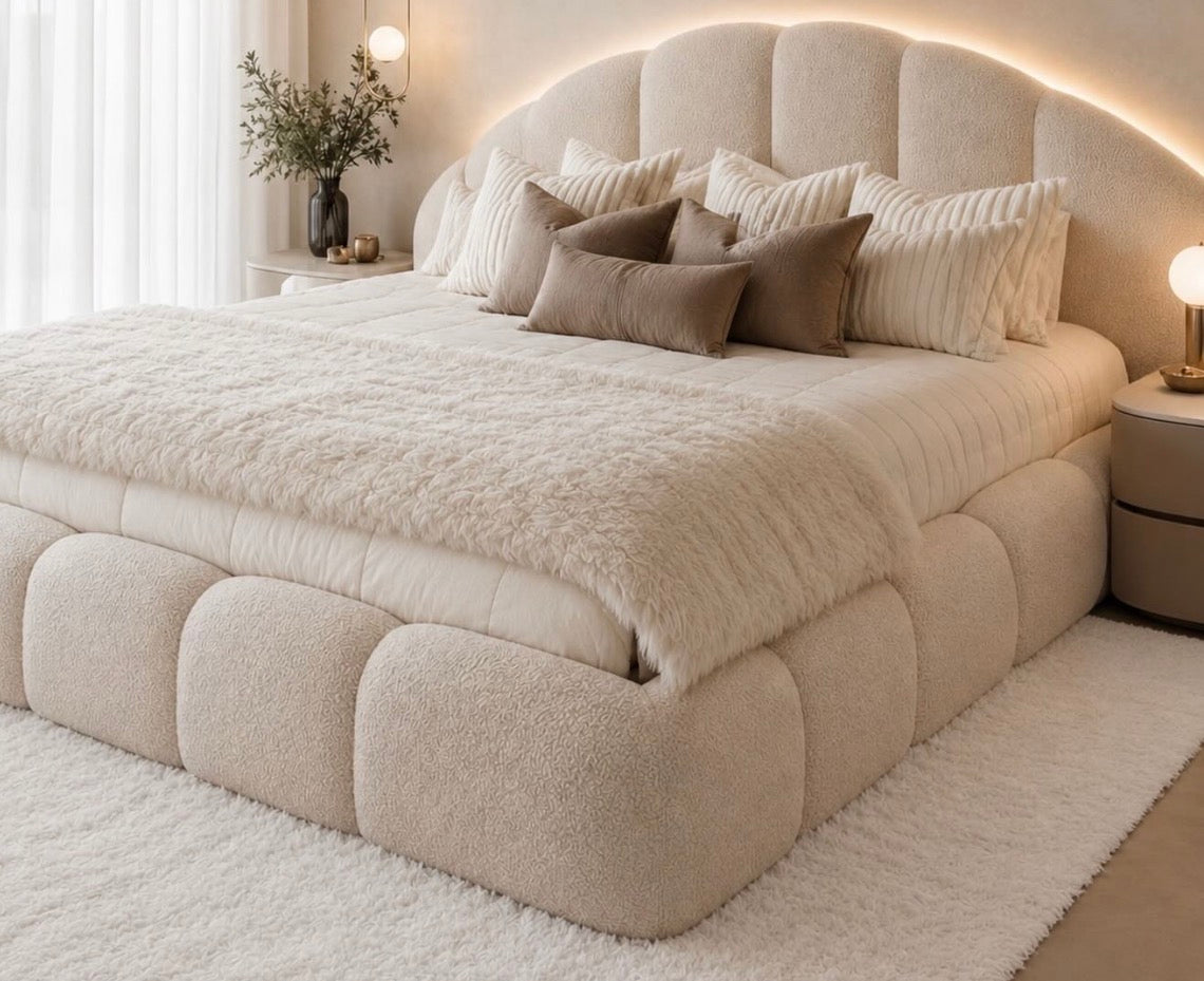 Luxury Bouclé Sleigh Bed with Storage